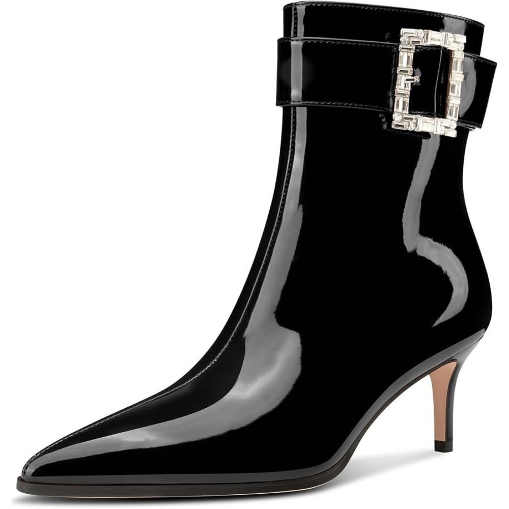 Black Patent Pointed Toe Ankle Boots Rhinestone Bling Buckle Kitten Heel Size 9